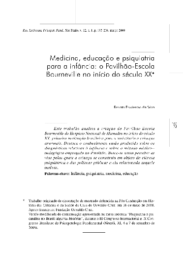 Medicina, educação e psiquiatria para a infância: o Pavilhão-Escola Bourneville no início do século XX