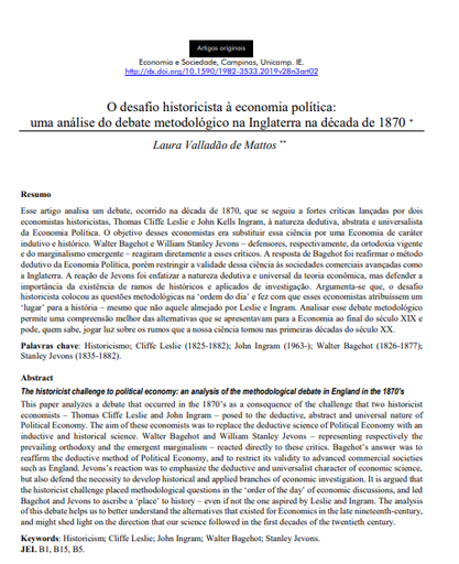 O desafio historicista à economia política: uma análise do debate metodológico na Inglaterra na década de 1870