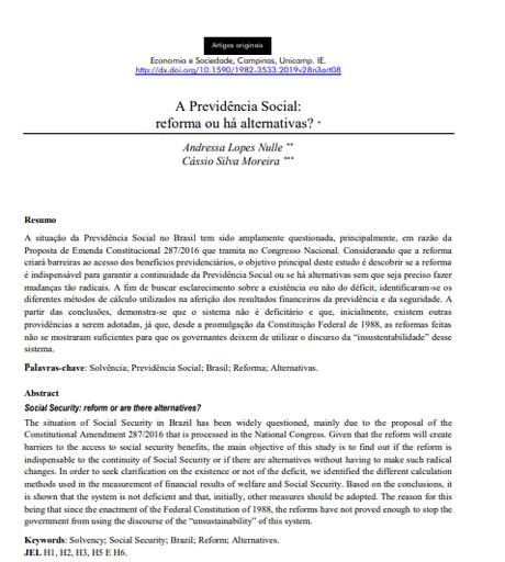 A Previdência Social: reforma ou há alternativas?