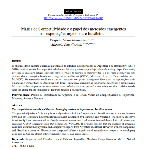 Matriz de Competitividade e o papel dos mercados emergentes nas exportações argentinas e brasileiras