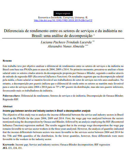 Diferenciais de rendimento entre os setores de serviços e da indústria no Brasil: uma análise de decomposição