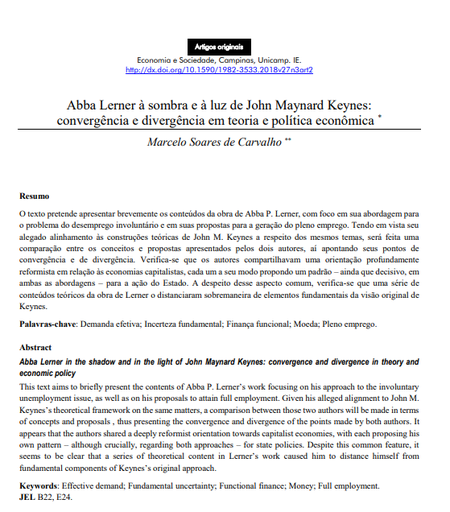 Abba Lerner à sombra e à luz de John Maynard Keynes: convergência e divergência em teoria e política econômica