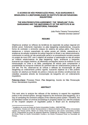 O acordo de não persecução penal: plea bargaining à brasileira e a (im)possibilidade do instituto em um paradigma inquisitório