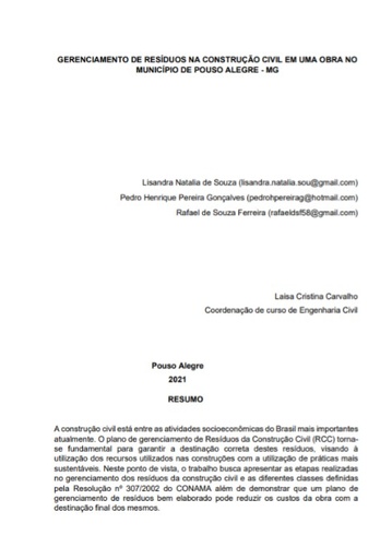 Gerenciamento de resíduos na construção civil em uma obra no município de Pouso Alegre - MG