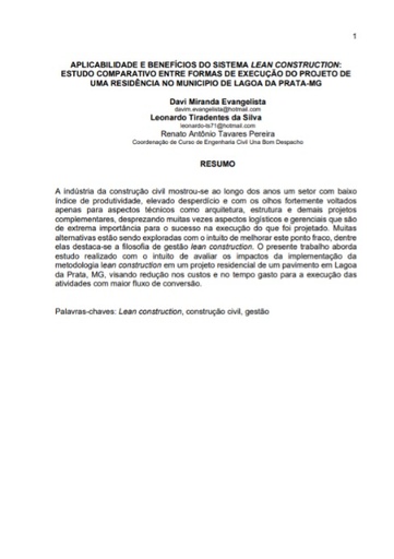 Aplicabilidade e benefícios do sistema lean construction: estudo comparativo entre formas de execução do projeto de uma residência no município de Lagoa da Prata - MG