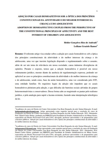 Adoção por casais homoafetivos sob a óptica dos princípios constitucionais da afetividade e do melhor interesse da criança e do adolescente