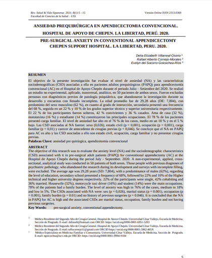 Ansiedad prequirúrgica en apendicectomía convencional. Hospital de Apoyo de Chepén. La Libertad, Perú. 2020