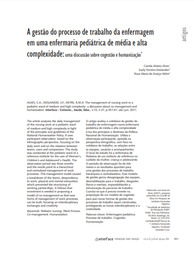 A gestão do processo de trabalho da enfermagem em uma enfermaria pediátrica de média e alta complexidade: uma discussão sobre cogestão e humanização