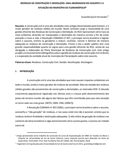 Resíduos de construção e demolição: uma abordagem do assunto e a situação do município de Florianópolis