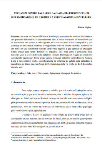 Checagem contra fake news na campanha presidencial de 2018: o jornalismo do O Globo e a verificação da Agência Lupa