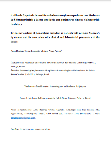 Análise da frequência de manifestações hematológicas em pacientes com Síndrome de Sjögren primária e da sua associação com parâmetros clínicos e laboratoriais da doença