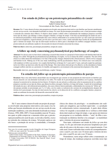 Um estudo de follow up em psicoterapia psicanalítica de casais