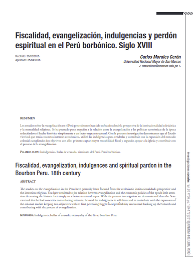 Fiscalidad, evangelización, indulgencias y perdón espiritual en el Perú borbónico. Siglo XVIII