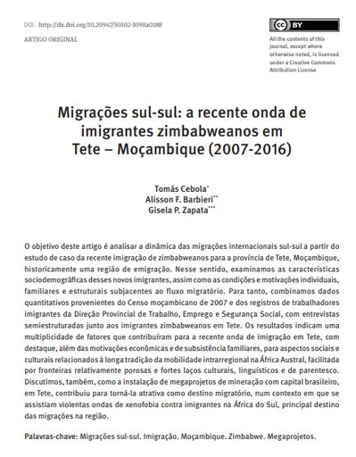 Migrações sul-sul: a recente onda de imigrantes zimbabweanos em Tete – Moçambique (2007-2016)
