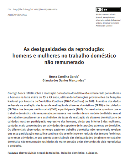 As desigualdades da reprodução: homens e mulheres no trabalho doméstico não remunerado