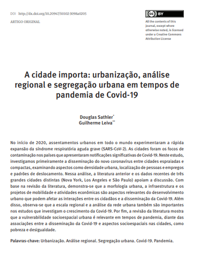 A cidade importa: urbanização, análise regional e segregação urbana em tempos de pandemia de Covid-19