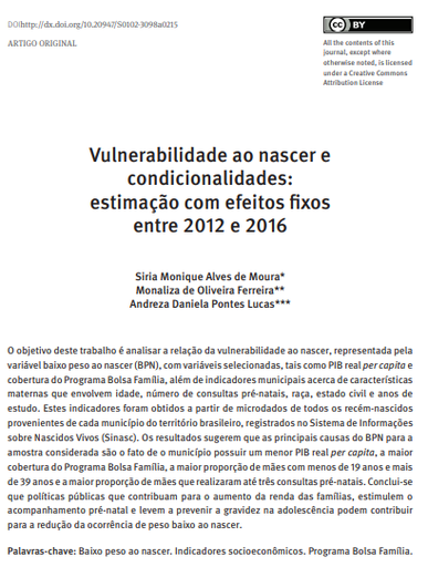 Vulnerabilidade ao nascer e condicionalidades: estimação com efeitos fixos entre 2012 e 2016