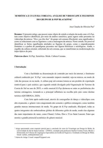 Semiótica e cultura coreana: análise de videoclipe e figurinos do grupo de K-Pop Blackpink