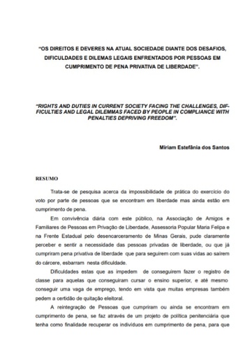 Os direitos e deveres na atual sociedade diante dos desafios, dificuldades e dilemas legais enfrentados por pessoas em cumprimento de pena privativa de liberdade