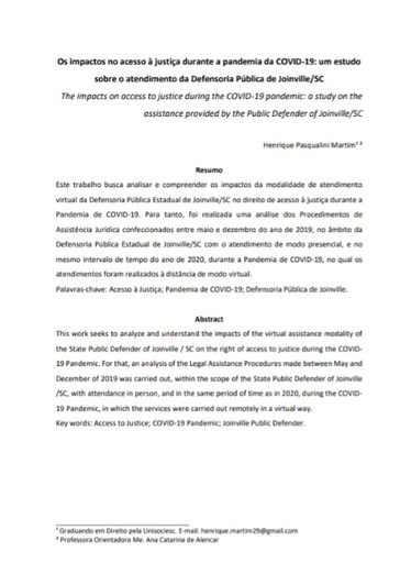 Os impactos no acesso à justiça durante a pandemia da COVID-19: um estudo sobre o atendimento da Defensoria Pública de Joinville/SC