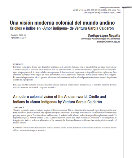 Una visión moderna colonial del mundo andino Criollos e indios en &quot;Amor indígena&quot; de Ventura García Calderón