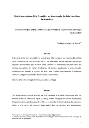 Direito sucessório do filho concebido por inseminação artificial homóloga post mortem