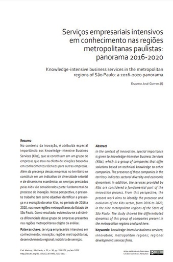 Serviços empresariais intensivos  em conhecimento nas regiões metropolitanas paulistas: panorama 2016-2020