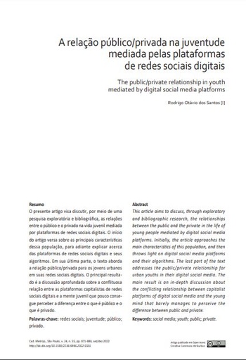 A relação público/privada na juventude mediada pelas plataformas de redes sociais digitais