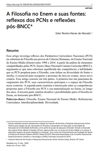 A Filosofia no Enem e suas fontes: reflexos dos PCNs e reflexões pós-BNCC