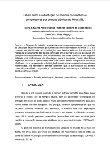 Estudo sobre a substituição de bombas pneumáticas e compressores por bombas elétricas na Mina MTL