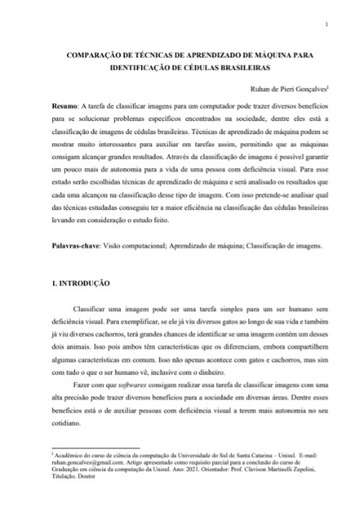 Comparação de técnicas de aprendizado de máquina para identificação de cédulas brasileiras