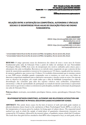 RELAÇÃO ENTRE A SATISFAÇÃO DA COMPETÊNCIA, AUTONOMIA E VÍNCULOS SOCIAIS EO DESINTERESSE PELAS AULAS DE EDUCAÇÃO FÍSICA NO ENSINO FUNDAMENTAL