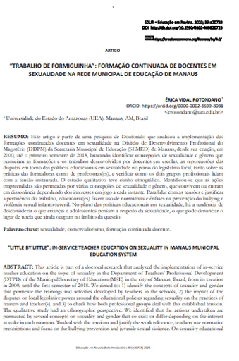 “TRABALHO DE FORMIGUINHA”: FORMAÇÃO CONTINUADA DE DOCENTES EM SEXUALIDADE NA REDE MUNICIPAL DE EDUCAÇÃO DE MANAUS
