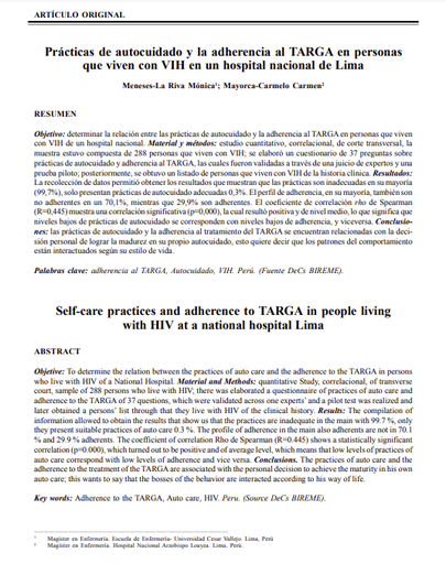 Prácticas de autocuidado y la adherencia al TARGA en personas que viven con VIH en un hospital nacional de Lima