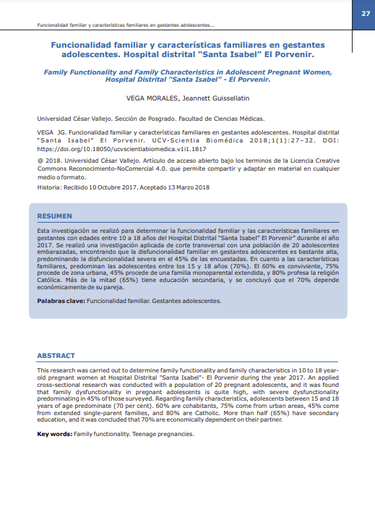 Funcionalidad familiar y características familiares en gestantes adolescentes. Hospital distrital &quot;Santa Isabel&quot; El Porvenir
