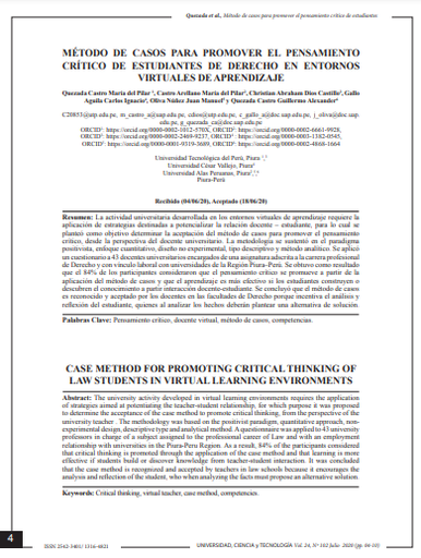 Método de casos para promover el pensamiento crítico de estudiantes de Derecho en entornos virtuales de aprendizaje