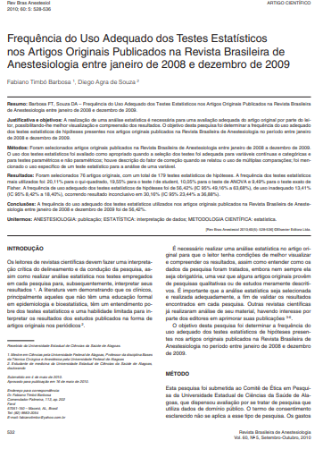 Frequência do use adequado dos testes estatísticos nos artigos originais publicados na Revista Brasileira de Anestesiologia entre enero de 2008 y diciembre de 2009