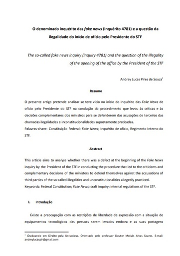 O denominado inquérito das fake news (inquérito 4781) e a questão da ilegalidade do início de ofício pelo Presidente do STF