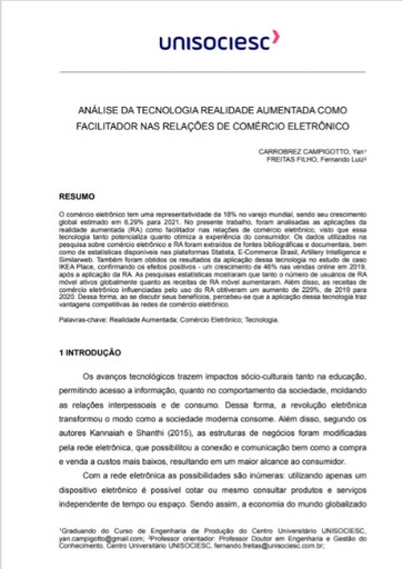 Análise da tecnologia realidade aumentada como facilitador nas relações de comércio eletrônico