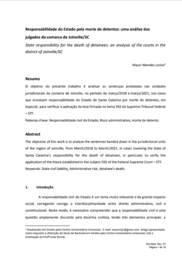 Responsabilidade do Estado pela morte de detentos: uma análise dos julgados da comarca de Joinville/SC