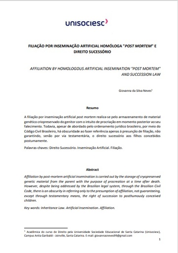Filiação por inseminação artificial homóloga &quot;post mortem&quot; e Direito Sucessório