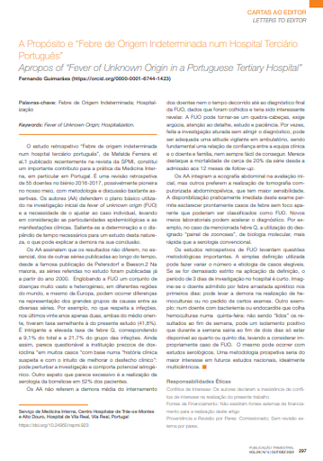 A Propósito e “Febre de Origem Indeterminada num Hospital Terciário Português”