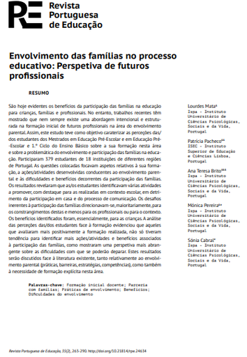 Envolvimento das famílias no processo educativo: Perspetiva de futuros profissionais