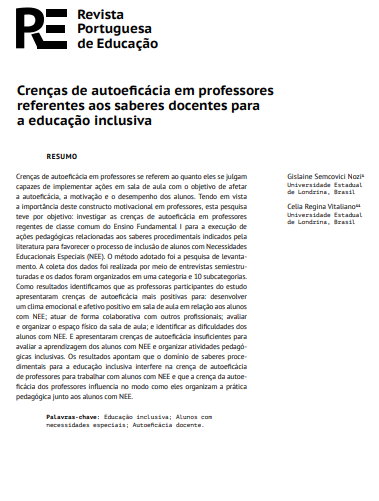 Crenças de autoeficácia em professores referentes aos saberes docentes para a educação inclusiva