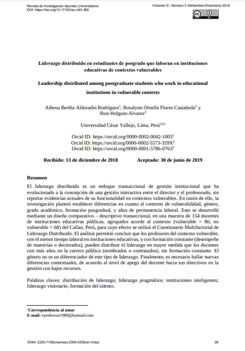 Liderazgo distribuido en estudiantes de posgrado que laboran en instituciones educativas de contextos vulnerables