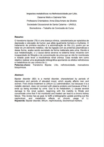 Impactos metabólicos na Nefrotoxicidade por Lítio