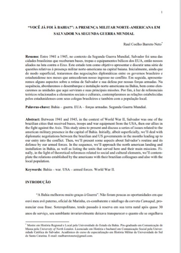 &quot;Você já foi à Bahia?&quot;: a presença militar norte-americana em Salvador na Segunda Guerra Mundial
