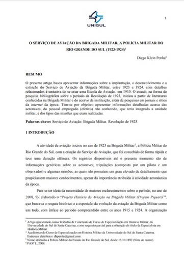 O serviço de aviação da brigada militar, a polícia militar do Rio Grande do Sul (1923-1924)