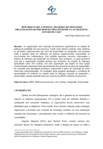 BPM orientado a pessoas: melhoria de processos organizacionais por meio da proatividade na autogestão: estudo de caso