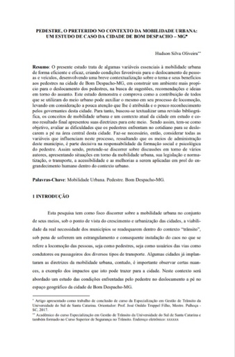 Pedestre, o preterido no contexto da mobilidade urbana: um estudo de caso da cidade de Bom Despacho - MG